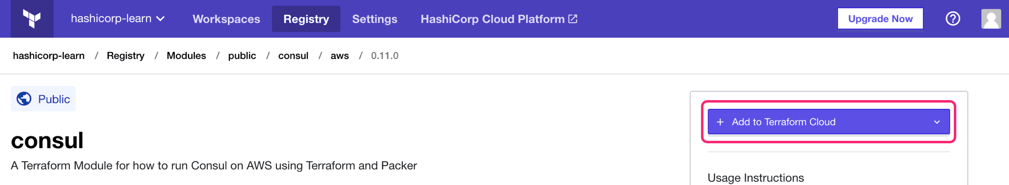 Terraform Cloud screenshot: the "+ Add" button